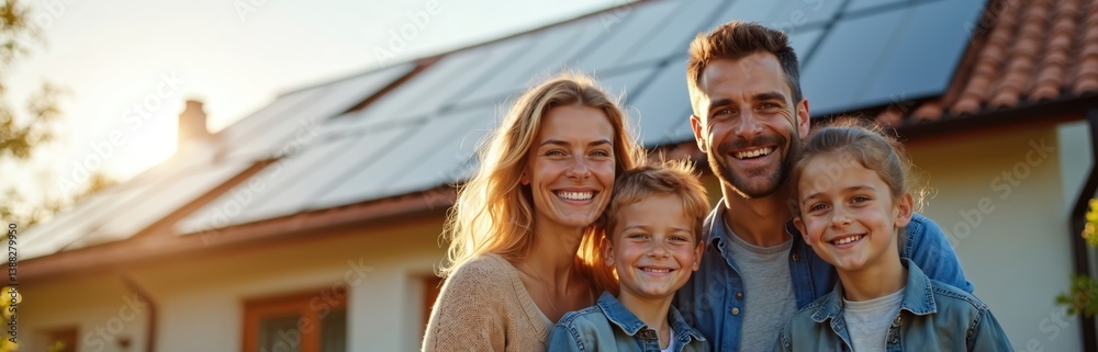 Familie vor ihrem Zuhause mit Solaranlage